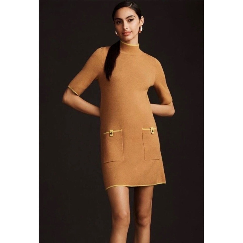 Maeve Anthropologie Camel Knit Mock Neck Short Sleeve Dress XS